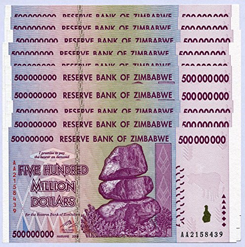 Zimbabwe 500 Million Dollars x 10 Notes 2008 UNC, World Inflation Record, Currency banknotes von Central Bank of Zimbabwe