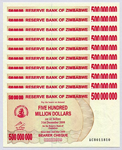 Zimbabwe 500 Million Dollars x 10 pcs 2008 P60 Consecutive UNC Currency Bills von Central Bank of Zimbabwe
