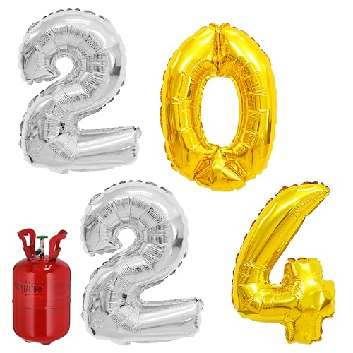 Ballongas Set 2024 Folienballon Zahlen 2x2 silber 1x0 + 1x4 gold | Heliumflasche 140L Gasfüllung für 20 Ballons (1 x Ballongas-Set 2024) von Cepewa
