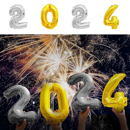Ballongas Set 2024 Folienballon Zahlen 2x2 silber 1x0 + 1x4 gold | Heliumflasche 140L Gasfüllung für 20 Ballons (1 x Ballonset 2024) von Cepewa