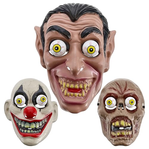 Cepewa Halloween Glubschaugen Maske 3er Set | mehrfarbig Kunststoff 20x25,5x10cm | Vollgesichtsmaske Dracula Zombi Clown (3er Set Maske Glubschaugen) von Cepewa