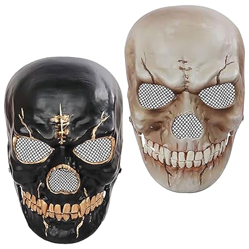 Cepewa Halloween Totenkopf Maske beweglicher Kiefer 2er Set | beige schwarz 24x17cm Kunststoff | Vollgesichtsmaske 2 Motive (2er Set Maske Totenkopf Kiefer) von Cepewa