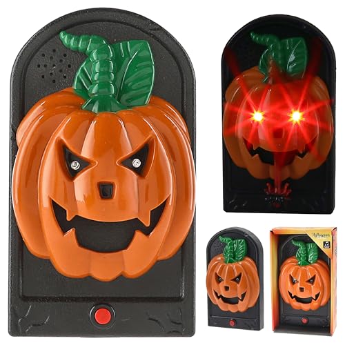 Cepewa Halloween Türklingel Kürbis animiert | 13x28x2,5cm Kunststoff | Sound leuchtende Augen Klingel zum Aufhängen Gruseldekoration (1 x Türklingel Kürbis) von Cepewa