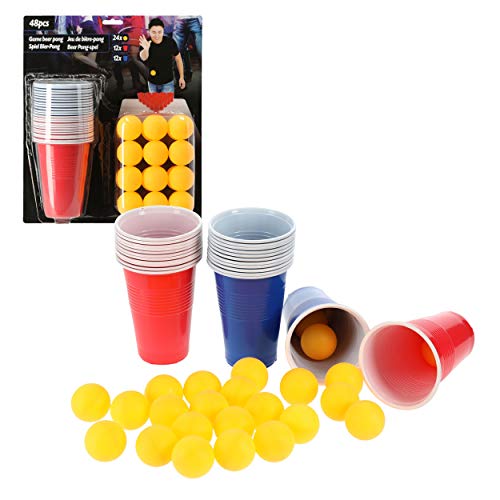 Cepewa Trinkspiel Bier Pong 48 teilig Becher + 24 Bälle je 12x blau 12x rot Partyspiel Beerpong (1 x 48tlg. Trinkspiel) von Cepewa