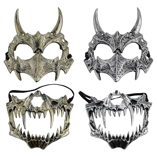 Halloween Maske Drachen 4er Set | silber gold 16,5x14,5cm | Halbmaske Cosplay Skull Mask Horrorkostüm (4er Set Maske Drachen) von Cepewa