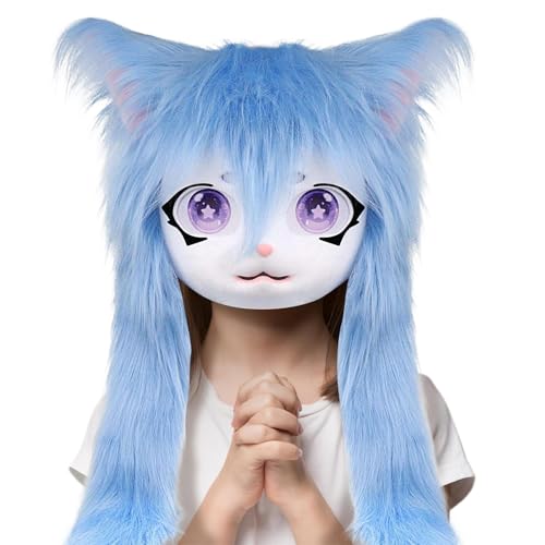 Ceprznvey Furry Head, Tier-Katzenmaske, realistische Plüsch-Textur, langes Haar, große Augen, für Halloween, Cosplay, Theaterkonvention, 60 x 40 cm, 1 Stück, 670 g von Ceprznvey