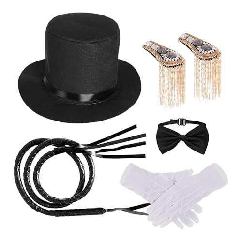 Ceprznvey Kostümzubehör, Schulterklappen Set mit hohem Hut, Fliege, Handschuhe und Peitsche, Materialien, Cosplay, Themenpartys, Bühnenauftritte, Schwarz Rot 1 Set von Ceprznvey