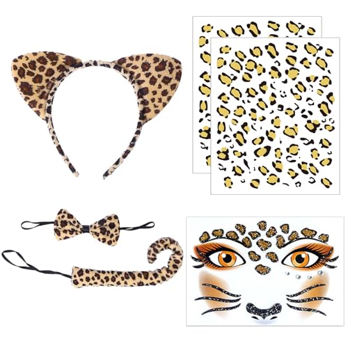 Leopard Kostüm Set, 6-teilig Leoparden Kostüm Damen, Leoparden Ohren Haarreif, Fliege, Schwanz, Gesicht Aufkleber Schmucksteine, Safari Outfit Damen, Karneval, Fasching, Halloween Leopard Kostüm Set, 6-teilig Leoparden Kostüm Damen, Leoparden Ohren Haarreif, Fliege, Schwanz, Gesicht Aufkleber Schmucksteine, Safari Outfit Damen, Karneval, Fasching, Halloween von Cerioll