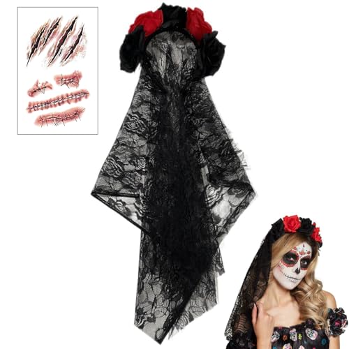 Tag der Toten Haarreif Halloween, Halloween Schleier Haarband, Day of the Dead Headpiece, Damen Tag der Toten Schleier Mit Temporäre Tattoo für Karneval Cosplay Party (Rot und Schwarz Muster) von Cerioll