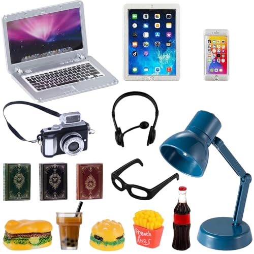 15PCS Miniatur Laptop Set, Miniatur Puppenhaus Zubehör, Miniatur Wichtel Zubehör 1:12 Wichtel Laptop Tablet Smartphone Mini,Brille,Wichtel Kamera,Schreibtischlampe,Kopfhörer,Bücher,Miniatur Essen von Cerkkapo