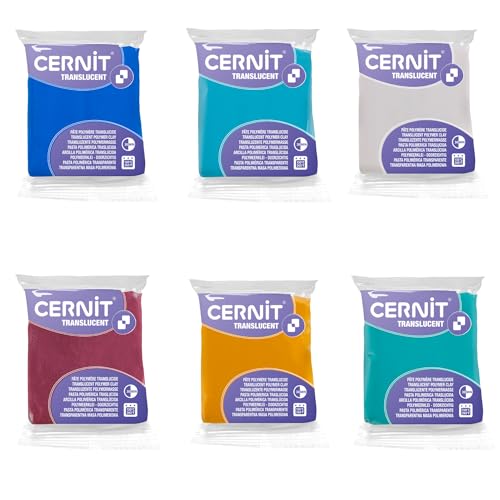 CERNIT CE9256275AMZC - Un lot de 6 Pains de Pâte Polymère Translucide - Pâte à Modeler à Cuire - 6 Blocs de 56 g (Saphie, Turquoise, Rubis, Emeraude, Ambre et Blanc) von Cernit
