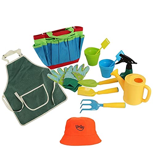 Cetfuro 11 StüCk Kinder Garten GeräTe Kit mit SchüRze, Hut, Einkaufen Tasche, Handschuhen, Rechen, Schaufel, Kelle, SprüHen Flasche, TöPfen und AnhäNger von Cetfuro