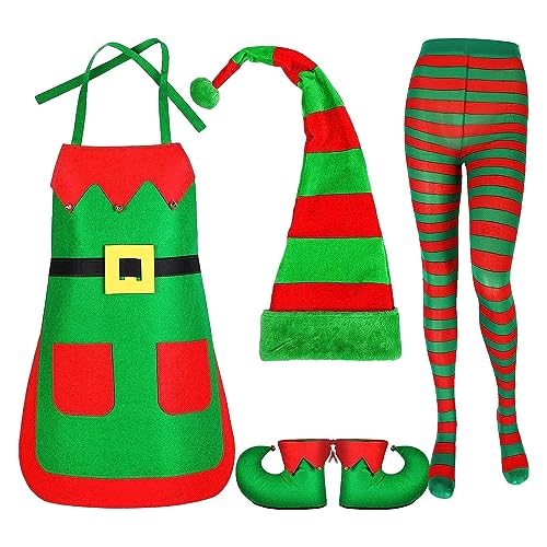 Chaies Elfen-Outfit für Frauen | Plüschmütze und rot grün gestreifter Weihnachtself | Weihnachtsmützen und Küchen-Kochschürzen für Party-Rollenspiele, Weihnachtsoutfit für Frauen und Erwachsene von Chaies