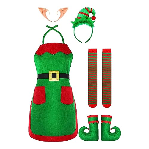 Chaies Elfen-Outfit für Frauen - Rot und grün gestreifter Weihnachtself,Weihnachtsmützen und Küchen-Kochschürzen für Party-Rollenspiele, Weihnachtsoutfit für Frauen und Erwachsene von Chaies