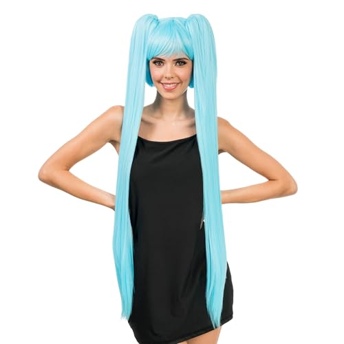 Chaks - Cosplay Perücke mit Pony, zwei lange Zöpfe, 99 cm, Langhaarperücke für Karneval, Festival von Chaks