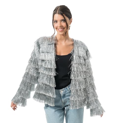 Chaks - Damenjacke mit glitzernden Fransen, Silber, Gold, Pink, 90er Jahre Discojacke, Festival, Karneval, Party, Rave Chaks - Damenjacke mit glitzernden Fransen, Silber, Gold, Pink, 90er Jahre Discojacke, Festival, Karneval, Party, Rave von Chaks