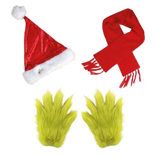 Chaks – Der Grinch™ Accessoire Set mit Handschuhen, Weihnachtsmütze & Schal, Accessoires für Grinch Kostüme von Chaks