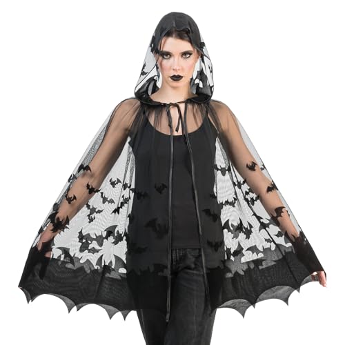 Chaks - Fledermaus Kostüm Umhang, Cape mit Kapuze, schwarze Vampir Accessoires für Damen, Halloween und Karneval von Chaks