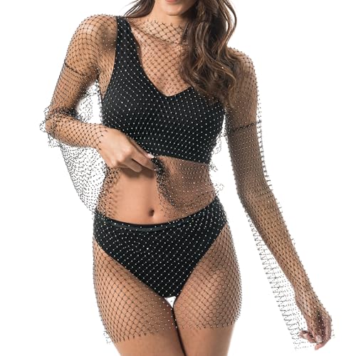 Chaks - Glitzer Mesh Top Schwarz für Damen, Transparentes Strass Netz Oberteil mit langen Ärmeln für Festival & Party Chaks - Glitzer Mesh Top Schwarz für Damen, Transparentes Strass Netz Oberteil mit langen Ärmeln für Festival & Party von Chaks