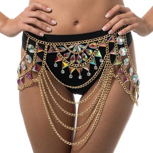Chaks – Goldene Bikini Körperkette für Frauen mit funkelnden bunten Kunststoff Diamanten für Festivals & Strandpartys von Chaks