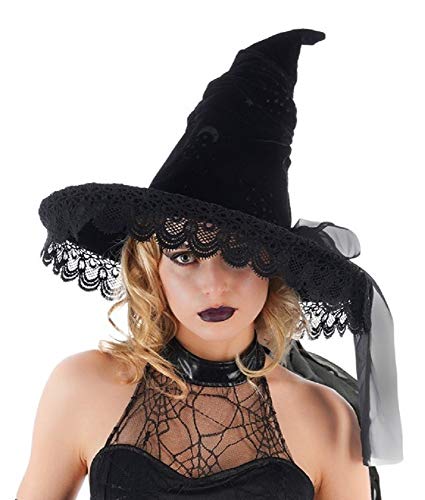 Chaks Hexenhut Star Night mit Spitze für Damen - Schwarz - Accessoire Kostüm Zauberin Dunkle Fee Halloween Mottoparty von Chaks