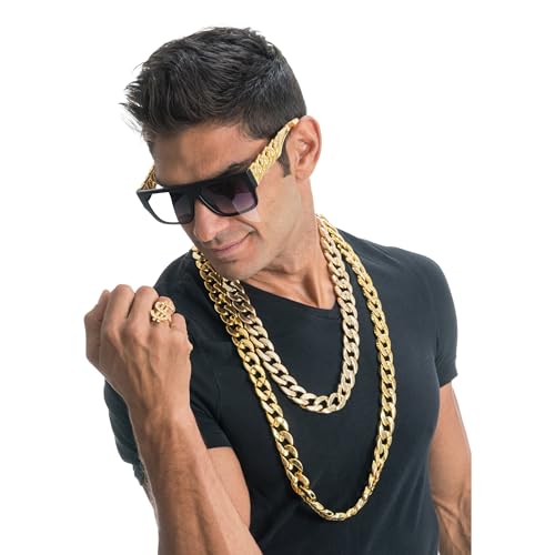 Chaks - Hip Hop Schmuck Set 4-teilig, 80er 90er Jahre Rapper Kostüm Zubehör mit 2 Goldketten, Dollar Ring, Brille von Chaks