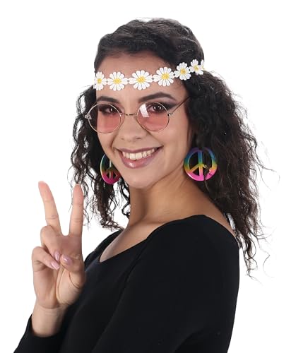 Chaks - Hippie Set für Damen, 3-teiliges Accessoires Set mit Stirnband, Sonnenbrille, Peace Ohrringen, 70er Jahre Festival Chaks - Hippie Set für Damen, 3-teiliges Accessoires Set mit Stirnband, Sonnenbrille, Peace Ohrringen, 70er Jahre Festival von Chaks