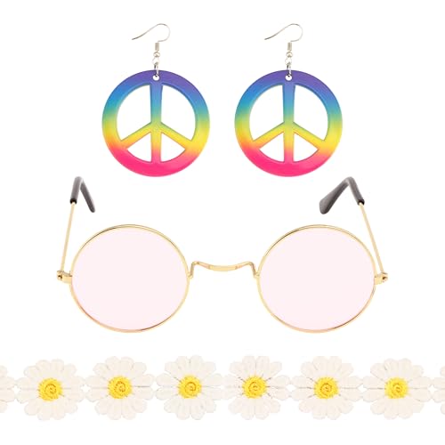 Chaks - Hippie Set für Damen, 3-teiliges Accessoires Set mit Stirnband, Sonnenbrille, Peace Ohrringen, 70er Jahre Festival von Chaks