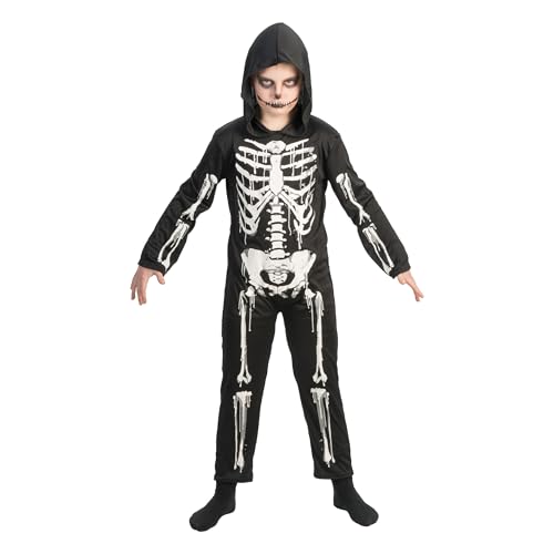 Chaks - Kinderkostüm Skelett mit Kapuze, Einteiler in Schwarz mit Knochen-Print, Verkleidung für Halloween & Karneval von Chaks