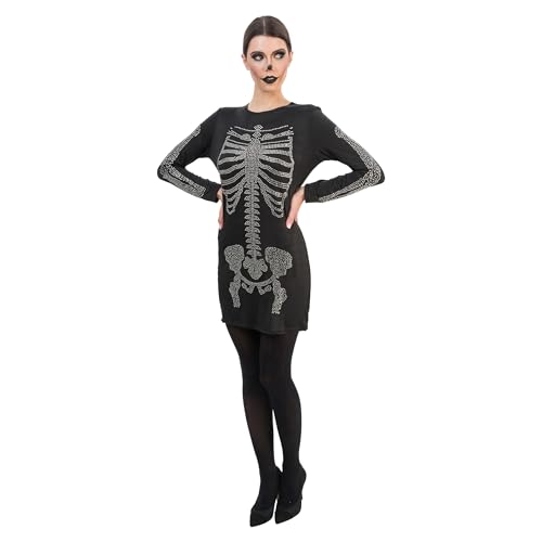 Chaks - Kleid Damen, schwarzes Skelett Kostüm mit Strass, Langarm, stilvolles Outfit für Halloween und Karneval von Chaks