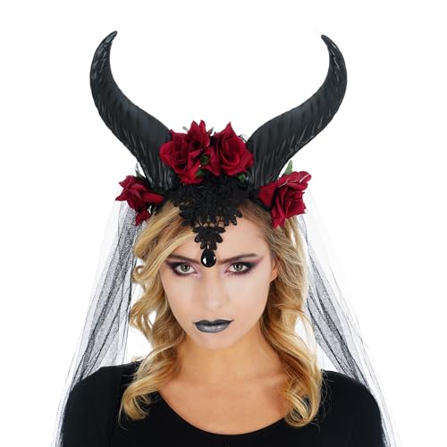 Chaks - Kopfschmuck Böse Königin für Damen, Schwarz mit Hörnern, Rosen, Gothic Kostüm Accessoire für Halloween Chaks - Kopfschmuck Böse Königin für Damen, Schwarz mit Hörnern, Rosen, Gothic Kostüm Accessoire für Halloween von Chaks