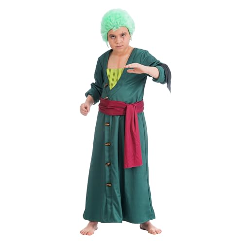 Chaks One Piece Kostüm Pirat Lorenor Zoro für Kinder Gr. 128-152 Anime Fasching Karneval Cosplay OnePiece (128), Grün von Chaks