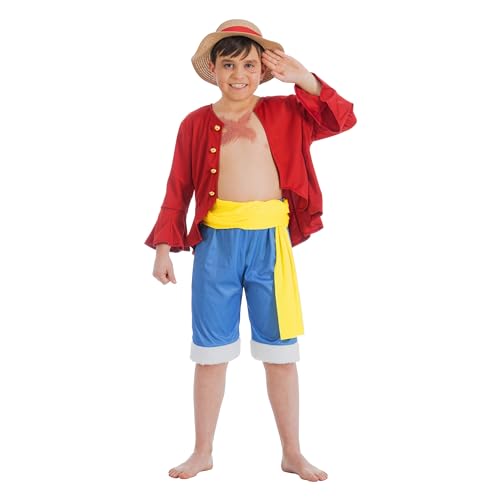 Chaks One Piece Kostüm Ruffy Strohhut Monkey D. Ruffy für Kinder Gr. 128-152 Anime Lizenz-Kostüm Manga Cosplay Fasching (140), Mehrfarbig von Chaks