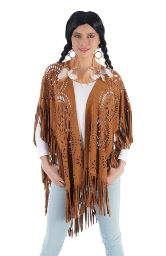 Chaks - Poncho Indianerin, braun in Lederoptik mit Fransen & indianischen Mustern, Kostüm für Festival, Karneval & Mottopartys Chaks - Poncho Indianerin, braun in Lederoptik mit Fransen & indianischen Mustern, Kostüm für Festival, Karneval & Mottopartys von Chaks
