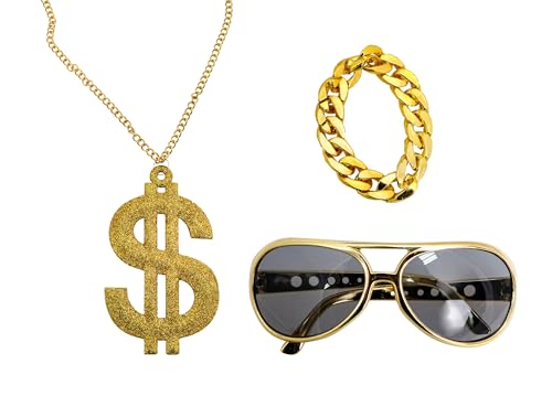 Chaks - Rapper Accessoire Set, Goldene Dollar Kette, Brille & Armband, Outfit für 80er, 90er Retro Party, Karneval Chaks - Rapper Accessoire Set, Goldene Dollar Kette, Brille & Armband, Outfit für 80er, 90er Retro Party, Karneval von Chaks
