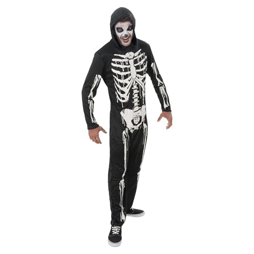 Chaks - Skelett Kostüm mit Kapuze, Einteiler in Schwarz mit Knochen-Print, Verkleidung für Halloween & Karneval Chaks - Skelett Kostüm mit Kapuze, Einteiler in Schwarz mit Knochen-Print, Verkleidung für Halloween & Karneval von Chaks