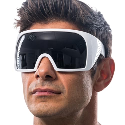 Chaks - Sonnenbrille für Herren und Damen, verspiegelte Gläser, weiß schwarz, futuristisch für Festival und Party Chaks - Sonnenbrille für Herren und Damen, verspiegelte Gläser, weiß schwarz, futuristisch für Festival und Party von Chaks
