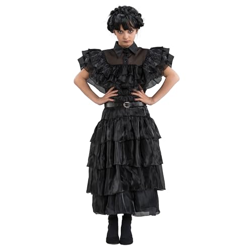 Chaks - Wednesday Ballkleid, Kostüm für Kinder, Kleid und Gürtel in Schwarz, Outfit für Halloween und Karneval von Chaks