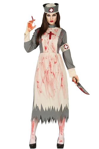 Chaks Zombie Krankenschwester Damen Kostüm Bloody Nurse | Grau Weiß Blutige Retro-Verkleidung für Halloween & Horror-Partys, Schürze & Haube für gruselige Auftritte (XL) von Chaks