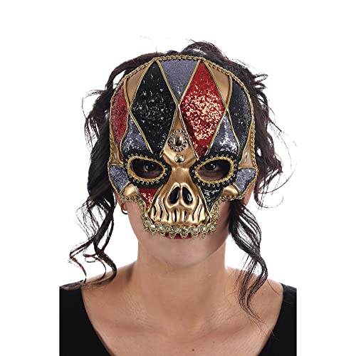 Maske Harlekin Totenkopf Rot Schwarz Grau Gold – Kostüm Zubehör – Cosplay für Halloween – Thema: Clown von Chaks