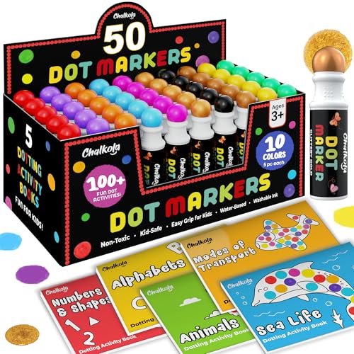 Chalkola 50 Dot Marker Klassensatz (10 Farben inkl. Gold, 5 Malbücher) | Bingo Dabber & Bingo Stifte – Waschbare Stempelstifte für Kinder 3–5 Jahre – Malsachen für Kindergarten & Vorschule von Chalkola