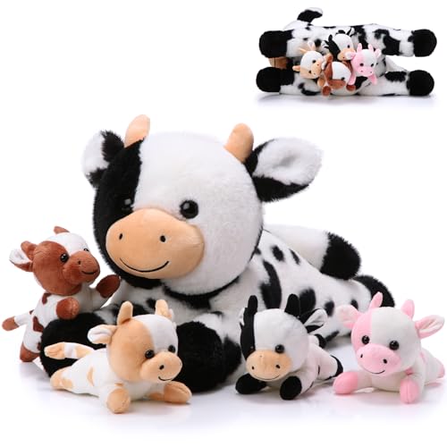 Chalyna 5 Stück Kuh Kuscheltiere Set Mama Kuh Plüschtier mit 4 Baby Kälber in Bauch Kleine Stofftiere für Jungen Mädchen Bauernhof Deko Geburtstag Party Geschenke(Geschätzt) von Chalyna