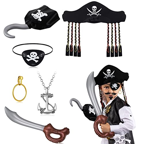 Chalyna 6 Stück Piraten Kostüm Zubehör Set Inklusive Piraten Hut Augenklappe Ohrring Aufblasbarem Säbel Schwert Piratenhaken Halskette Accessoires für Halloween Piraten Themen Party von Chalyna