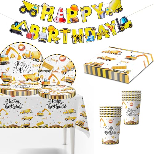 Bagger Partygeschirr Set, 52 Stück Baustellen Deko Kindergeburtstag - Pappteller, Becher, Servietten, Tischdecke & Banner für Jungen und Mädchen​ von Chaopisz