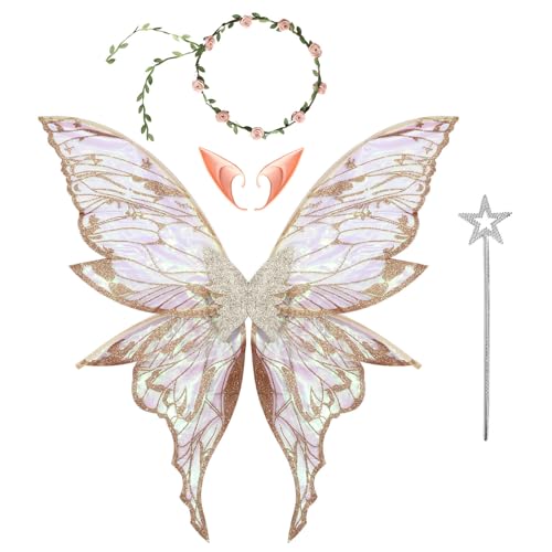 Chaoyinn Mädchen Damen Feenflügel Schmetterling Für Kinder Erwachsene Halloween Kostüm Party Ball Traum Feier Bühne Theateraufführungen Fotografie Gold Einheitsgröße von Chaoyinn