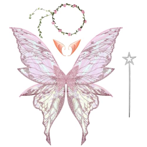 Chaoyinn Mädchen Damen Feenflügel Schmetterling Für Kinder Erwachsene Halloween Kostüm Party Ball Traum Feier Bühne Theateraufführungen Fotografie Rosa Einheitsgröße von Chaoyinn