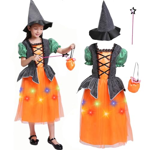 Charfia Mädchen Hexenkostüm mit Lichter, Leuchtende Hexenkostüm mit Hexenhut, LED Halloween Kostüm Kinder Leuchtend, Hexenkostüm Mädchen Karneval Kostüm Kinder Mädchen von Charfia