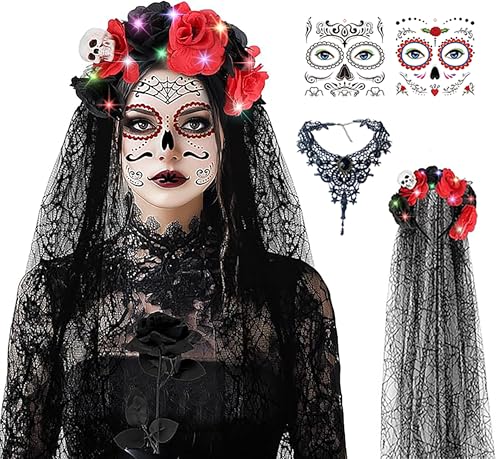 Halloween Kostüm Damen dia de los muertos kostüm damen, LED Tag der Toten Kostüm Damen Halloween Tag der Toten Haarreif mit Lichtern Gesicht Tattoos Halloween Tag der Toten Cosplay Kostüm Party (B) von Charfia