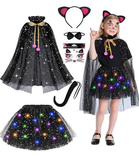 Katzenkostüm Kinder, Karneval Kostüm Kinder, 6 Stück Tierkostüm Set für Kinder,LED Tutu Tüllrock,Prinzessinnenumhang,Fliege Katzenohren und Katzenschwanz, Faschingskostüm Mädchen Halloween Cosplay Katzenkostüm Kinder, Karneval Kostüm Kinder, 6 Stück Tierkostüm Set für Kinder,LED Tutu Tüllrock,Prinzessinnenumhang,Fliege Katzenohren und Katzenschwanz, Faschingskostüm Mädchen Halloween Cosplay von Charfia