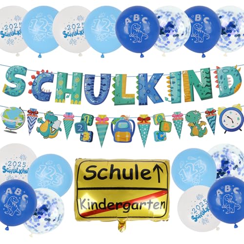 SCHULKIND 2025 Deko Einschulung Junge, Deko Set zum Schulanfang, Zuckertüten Banner + 16 Luftballon mit ABC 123 Schultüte Motiv + Girlande und Konfetti Folienballon von Charinor
